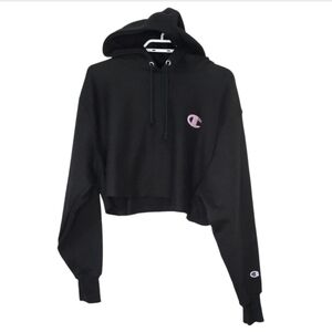 Champion Reverse Weave Cropped Cut Off Hoodie Black Pink Logo Womens Size M New